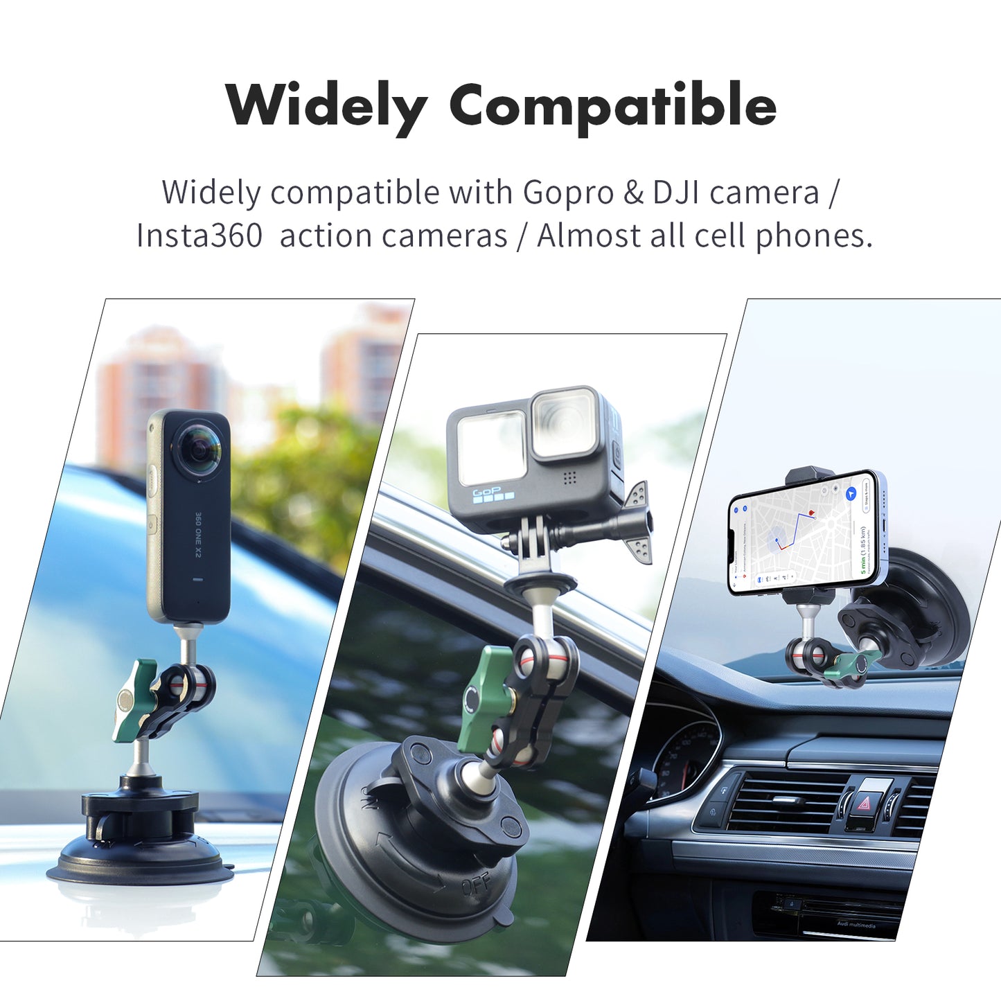 SEASKY S1 Powerful Car Suction Cup Mount holder for Gopro Hero 12/11/10/9/8 Black DJI OSMO Action 3/2 Camera Insta360 ONE RS, X3, X2 Go3 Accessories with aluminum alloy metal cell phone holder