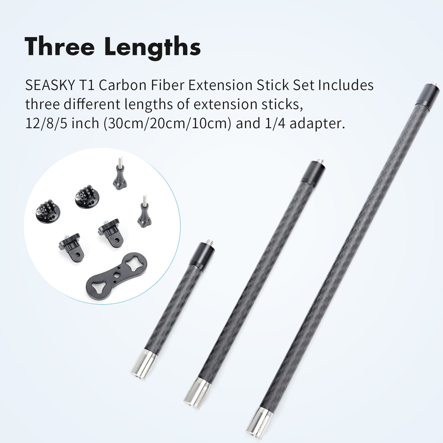 SEASKY T1-1 1/4 screw thread Carbon Fiber Extension Rod Kit with 1/4 Adapter Sports Camera Third Person View Video Accessory Compatible with insta360 X4 X3 X2 X RS for GoPro Max 360 Panoramic Camera