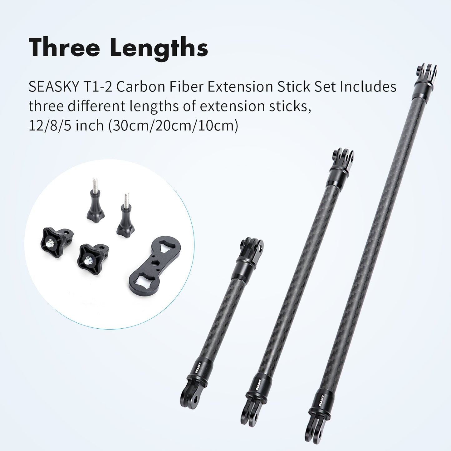 SEASKY T1-2 Carbon Fiber Extension Pole Rod standard set Sports Camera Third Person View Video Accessory Compatible with GoPro Hero 12/11/10/9/8 for DJI osmo Action 4/3/2 Sports Camera Accessories